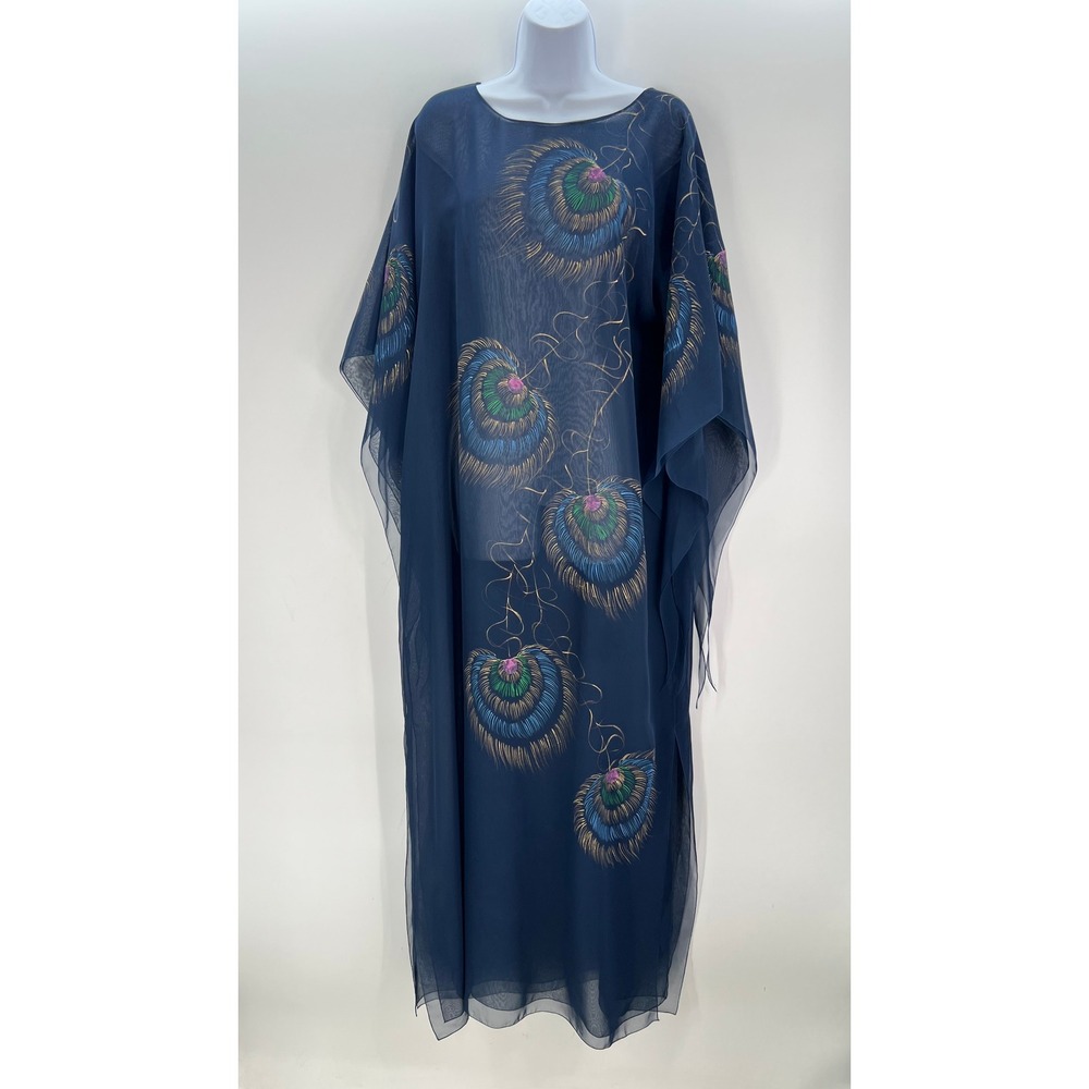 Samantha Scott California Vintage Kaftan Navy Hand Painted Peacock Maxi Dress M